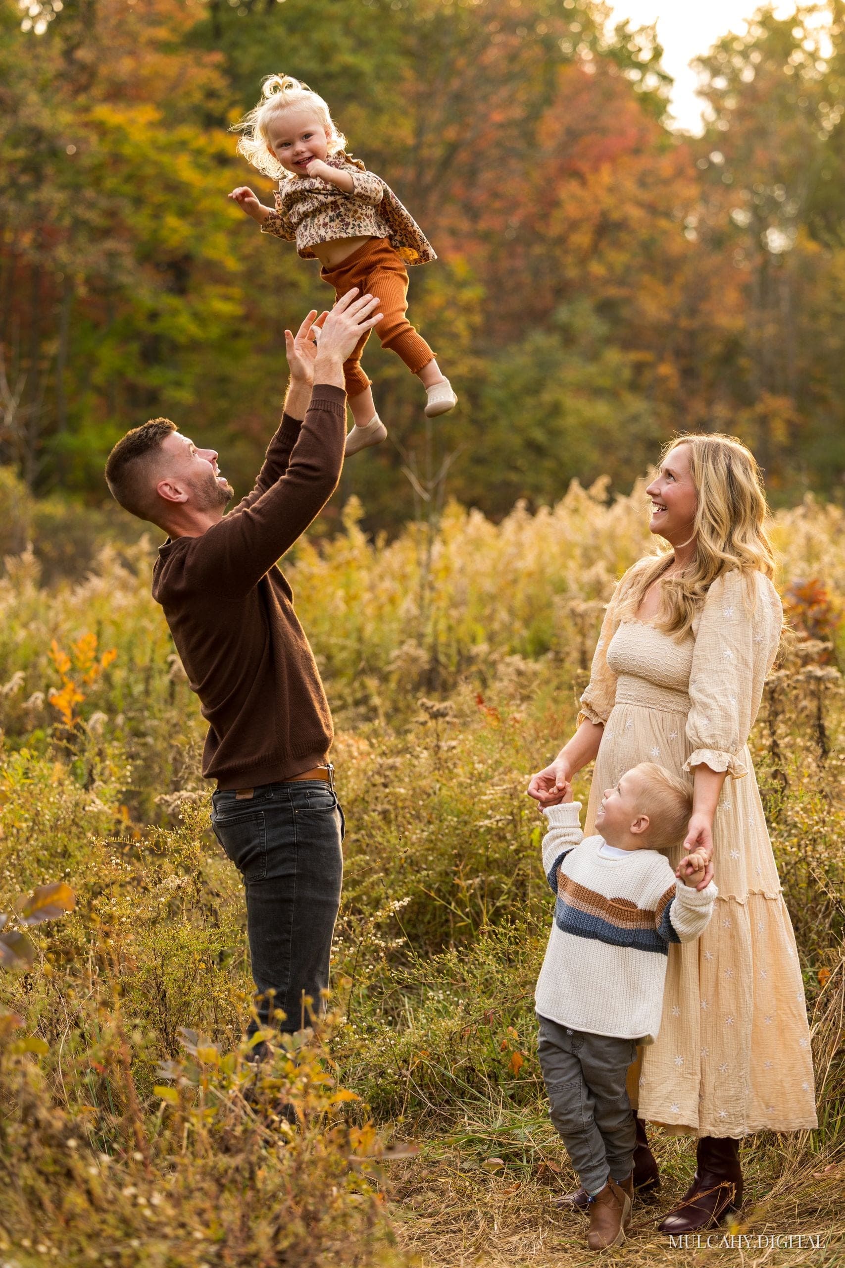 Father tossing his toddler daughter in the air as his wife and young son look up, autumn field at sunset