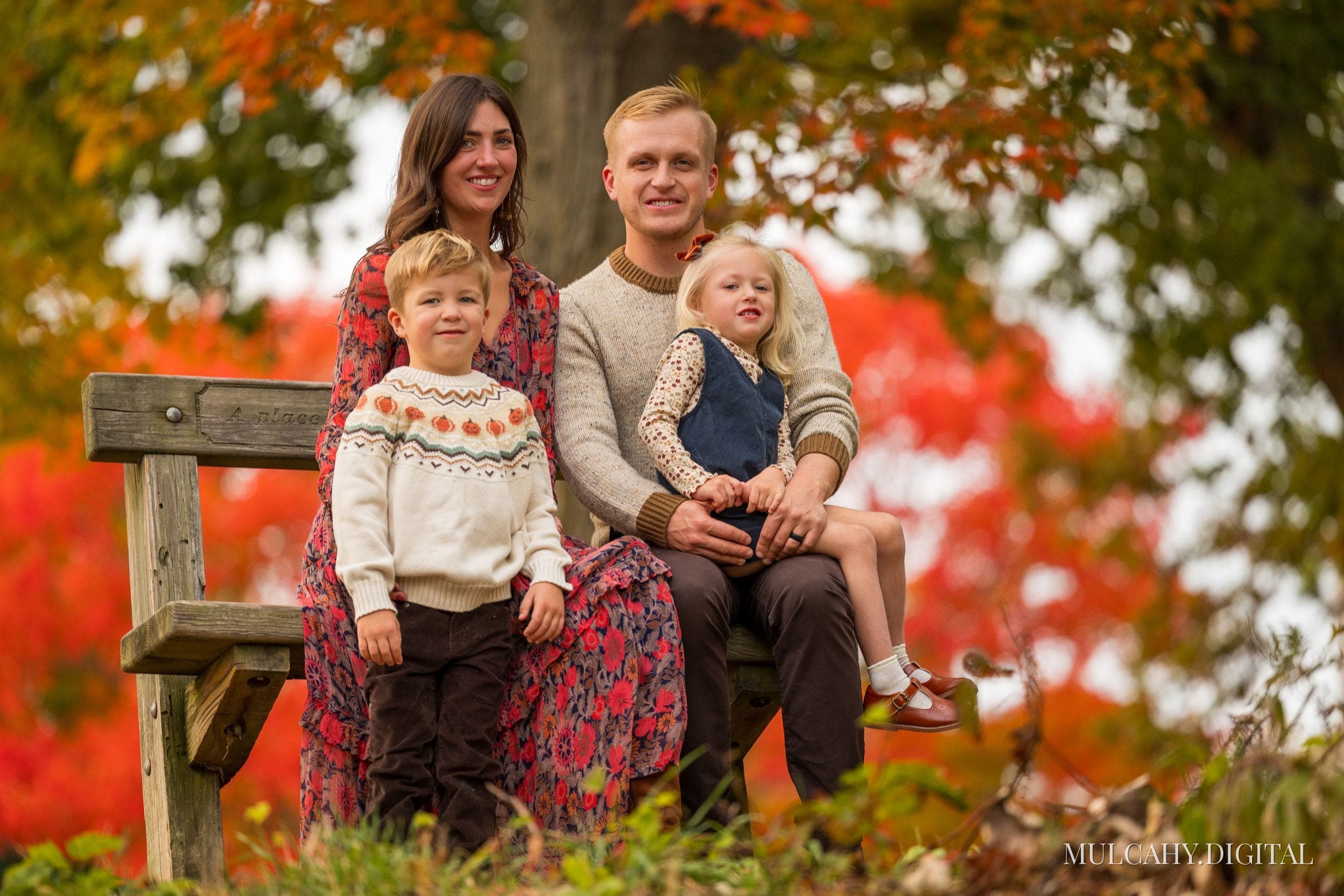 Family of four seated on a weathered wooden bench in front of brilliant red autumn maples