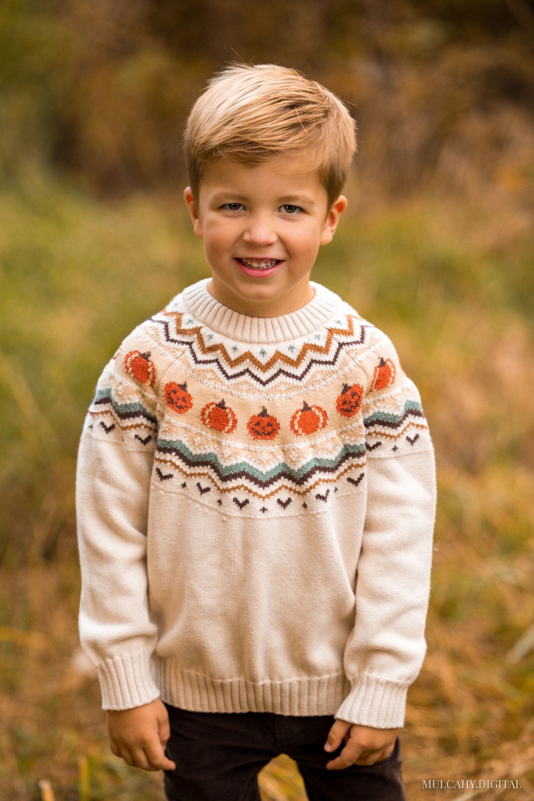 Young boy in a pumpkin-patterned sweater smiling in an autumn field