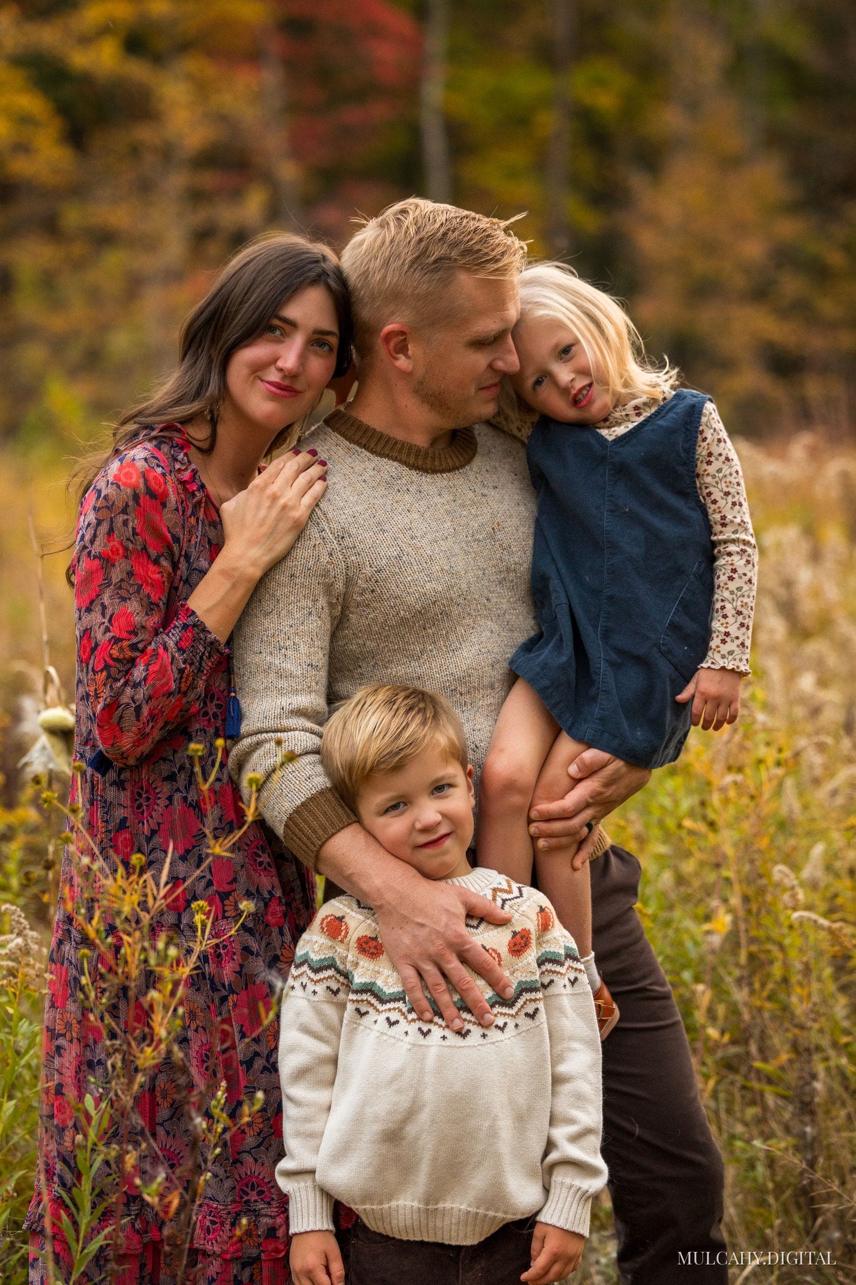 Family of four standing close together in a meadow of golden autumn grasses