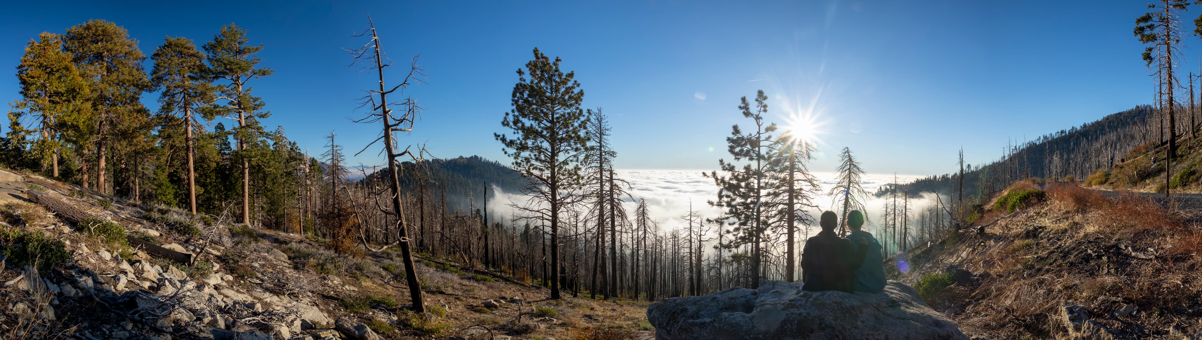 Panoramic view: two figures on rocks looking out over a sea of clouds, Sierra Nevada